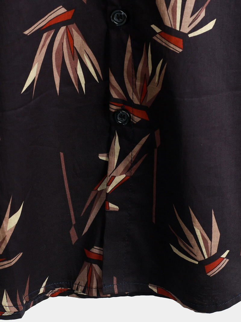 Men's Black Cotton Floral Short Sleeve Holiday Beach Pocket Button Up Shirt