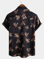 Men's Black Cotton Floral Short Sleeve Holiday Beach Pocket Button Up Shirt