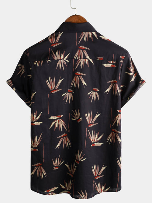 Men's Black Cotton Floral Short Sleeve Holiday Beach Pocket Button Up Shirt
