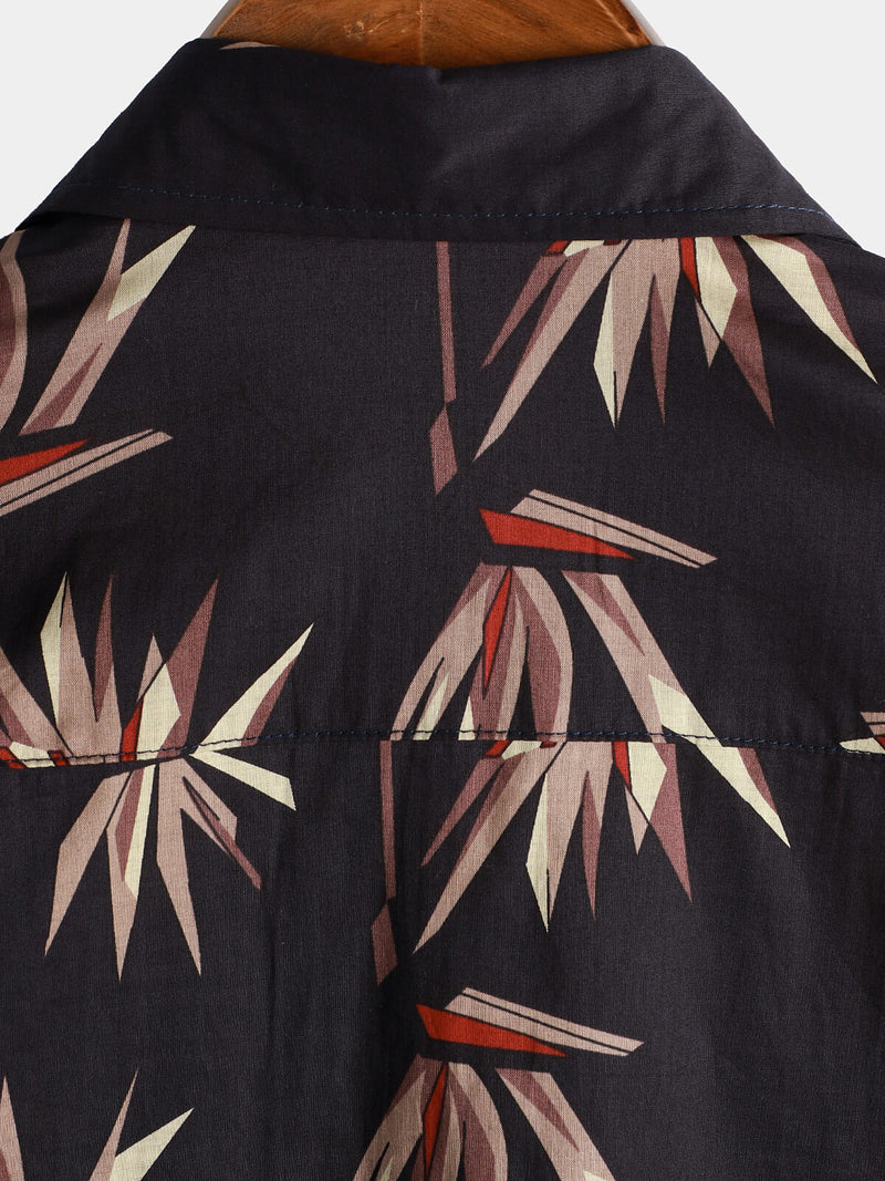 Men's Black Cotton Floral Short Sleeve Holiday Beach Pocket Button Up Shirt