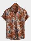 Men's Cotton Brown Floral Short Sleeve Holiday Pocket Summer Button Up Shirt