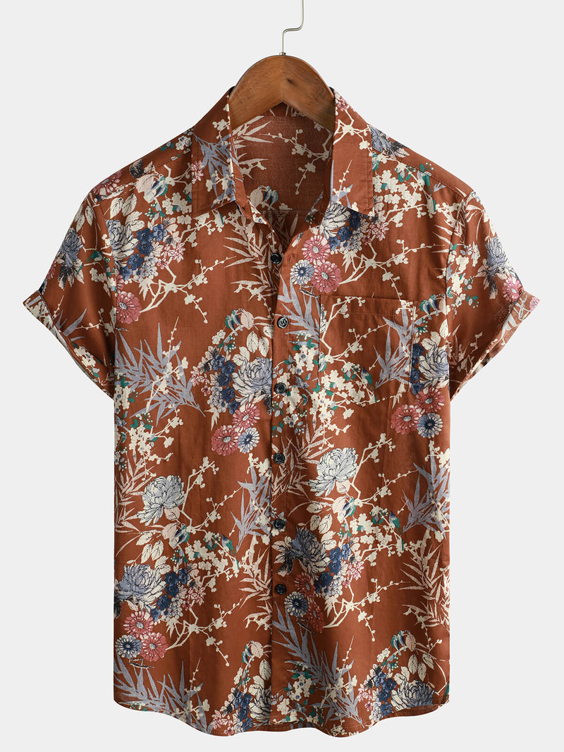 Men's Cotton Brown Floral Short Sleeve Holiday Pocket Summer Button Up Shirt