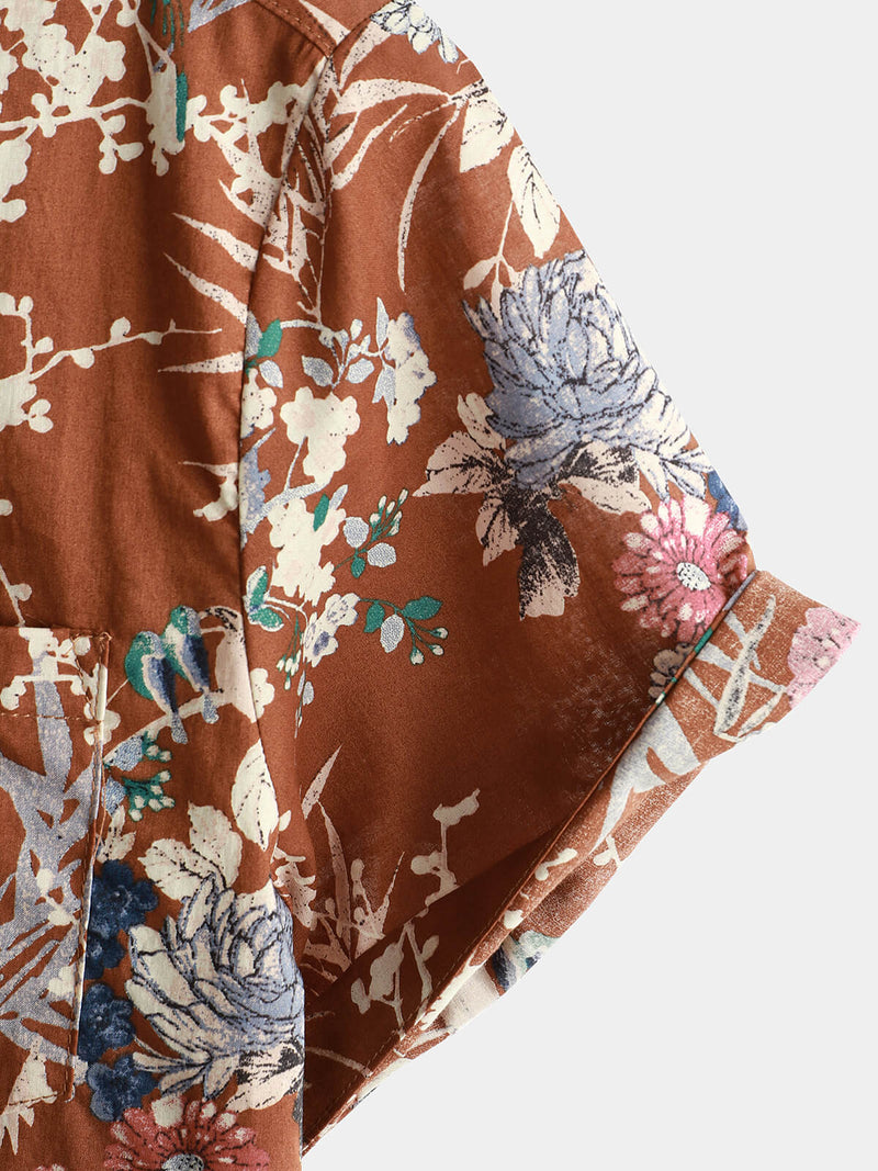 Men's Cotton Brown Floral Short Sleeve Holiday Pocket Summer Button Up Shirt