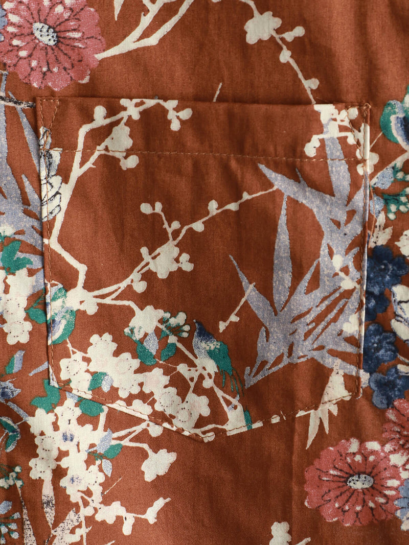 Men's Cotton Brown Floral Short Sleeve Holiday Pocket Summer Button Up Shirt