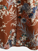 Men's Cotton Brown Floral Short Sleeve Holiday Pocket Summer Button Up Shirt