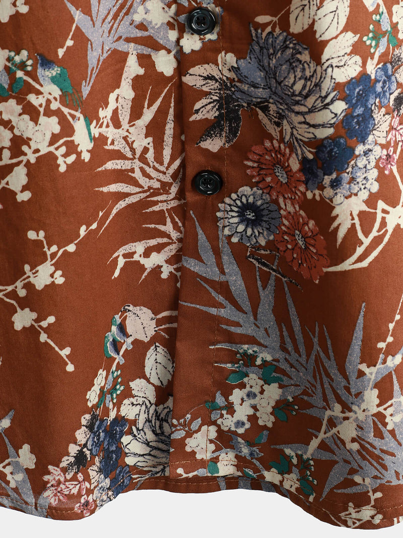 Men's Cotton Brown Floral Short Sleeve Holiday Pocket Summer Button Up Shirt