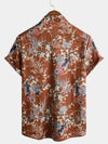 Men's Cotton Brown Floral Short Sleeve Holiday Pocket Summer Button Up Shirt