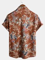 Men's Cotton Brown Floral Short Sleeve Holiday Pocket Summer Button Up Shirt