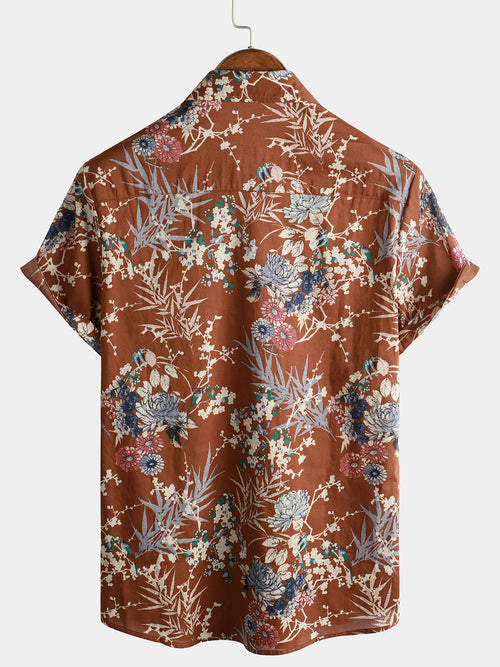 Men's Cotton Brown Floral Short Sleeve Holiday Pocket Summer Button Up Shirt