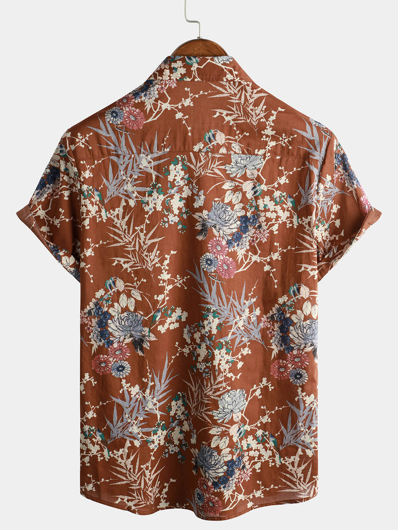 Men's Cotton Brown Floral Short Sleeve Holiday Pocket Summer Button Up Shirt