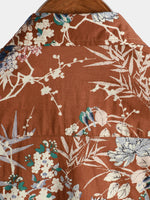 Men's Cotton Brown Floral Short Sleeve Holiday Pocket Summer Button Up Shirt