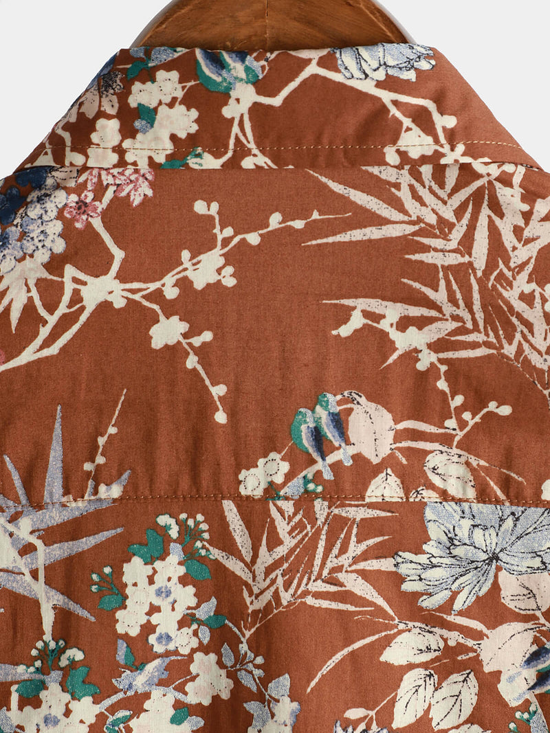 Men's Cotton Brown Floral Short Sleeve Holiday Pocket Summer Button Up Shirt