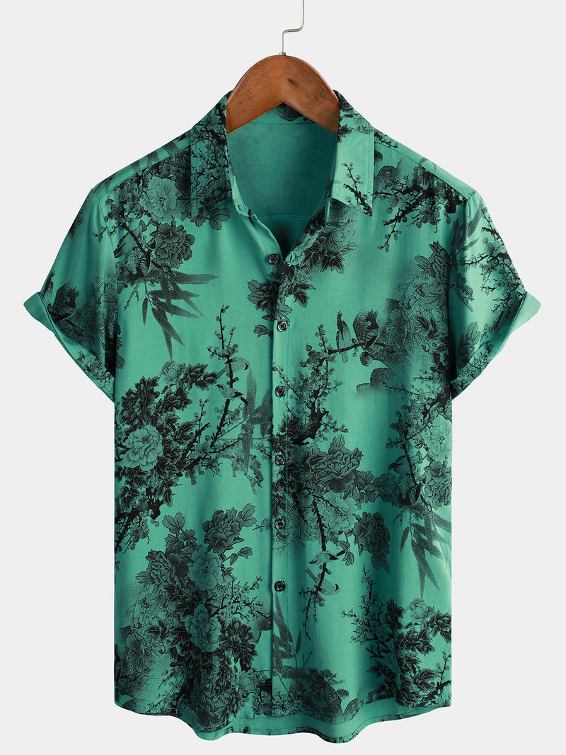 Men's Green Bamboo Floral VIntage Summer Hawaiian Button Up Short Sleeve Shirt