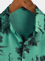 Men's Green Bamboo Floral VIntage Summer Hawaiian Button Up Short Sleeve Shirt