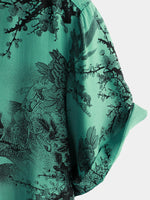 Men's Green Bamboo Floral VIntage Summer Hawaiian Button Up Short Sleeve Shirt