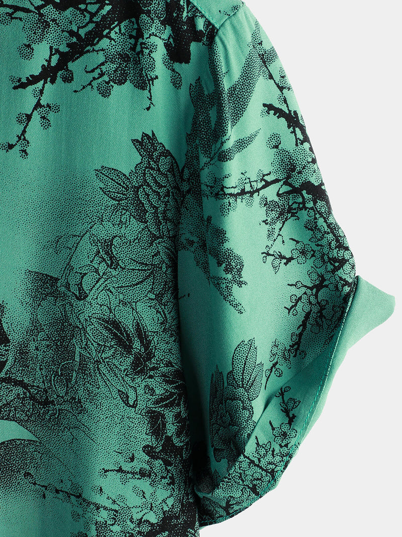 Men's Green Bamboo Floral VIntage Summer Hawaiian Button Up Short Sleeve Shirt