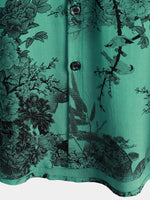 Men's Green Bamboo Floral VIntage Summer Hawaiian Button Up Short Sleeve Shirt