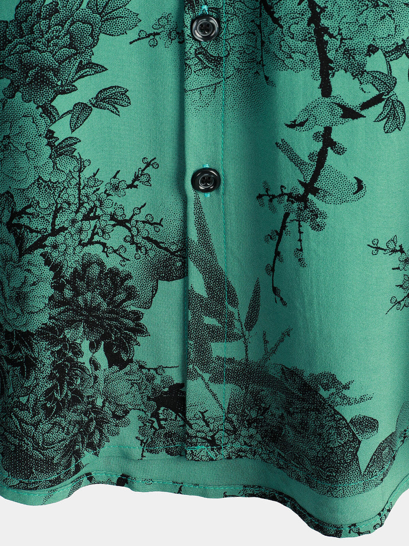 Men's Green Bamboo Floral VIntage Summer Hawaiian Button Up Short Sleeve Shirt