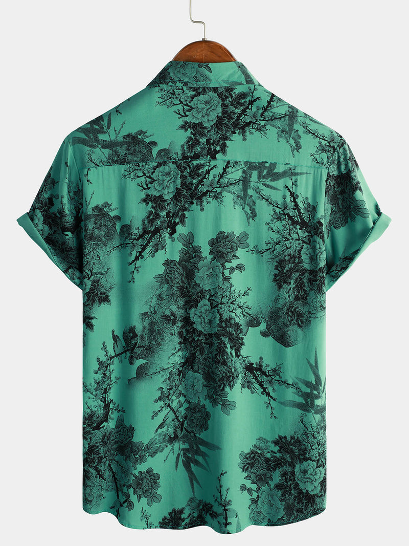 Men's Green Bamboo Floral VIntage Summer Hawaiian Button Up Short Sleeve Shirt