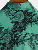 Men's Green Bamboo Floral VIntage Summer Hawaiian Button Up Short Sleeve Shirt