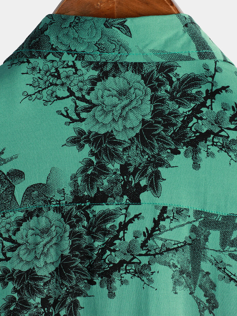 Men's Green Bamboo Floral VIntage Summer Hawaiian Button Up Short Sleeve Shirt