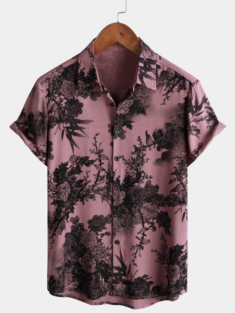 Men's Bamboo Floral Cool Summer Hawaiian Rayon Pink Button Up Short Sleeve Shirt