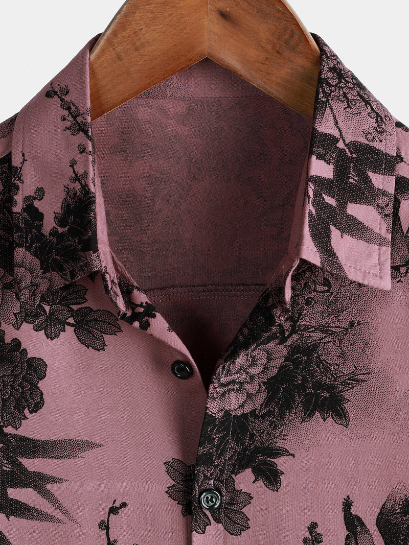 Men's Bamboo Floral Cool Summer Hawaiian Rayon Pink Button Up Short Sleeve Shirt