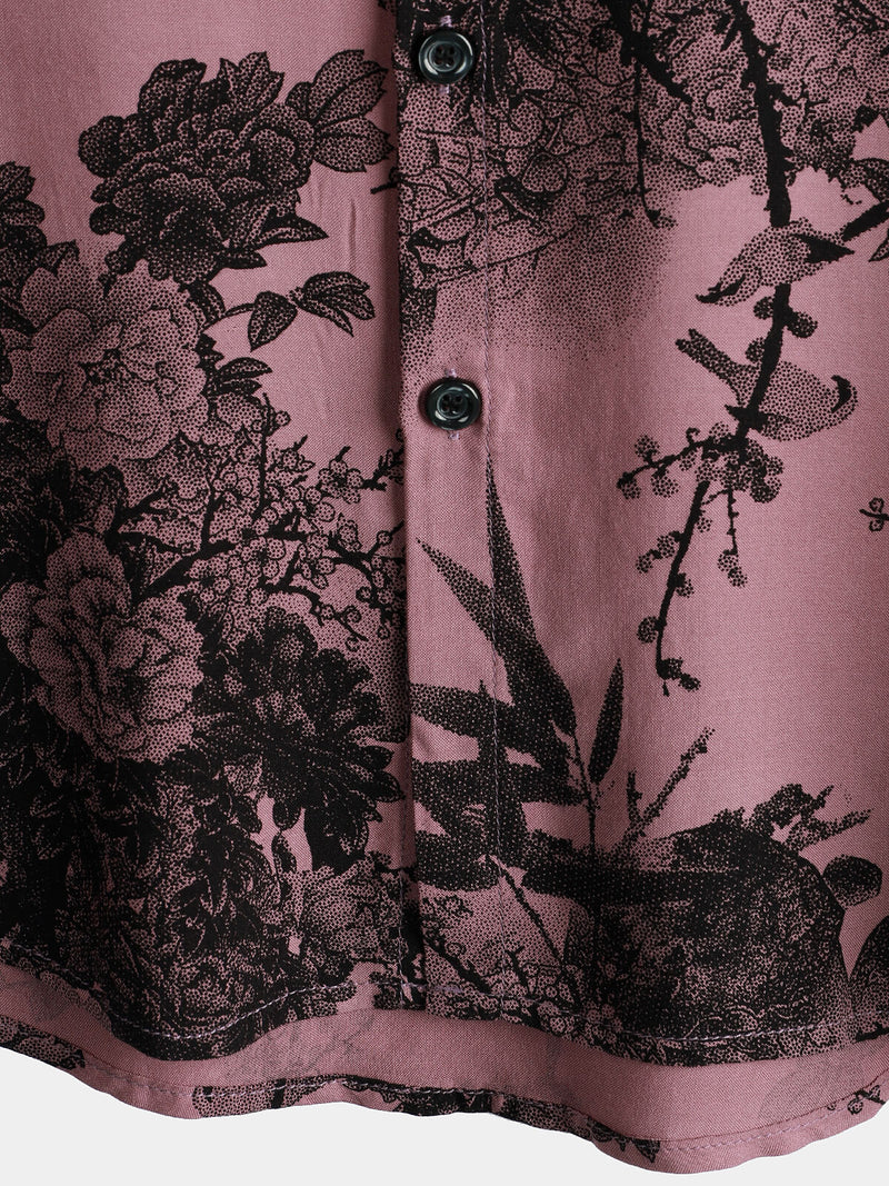 Men's Bamboo Floral Cool Summer Hawaiian Rayon Pink Button Up Short Sleeve Shirt