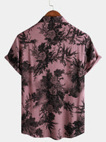 Men's Bamboo Floral Cool Summer Hawaiian Rayon Pink Button Up Short Sleeve Shirt