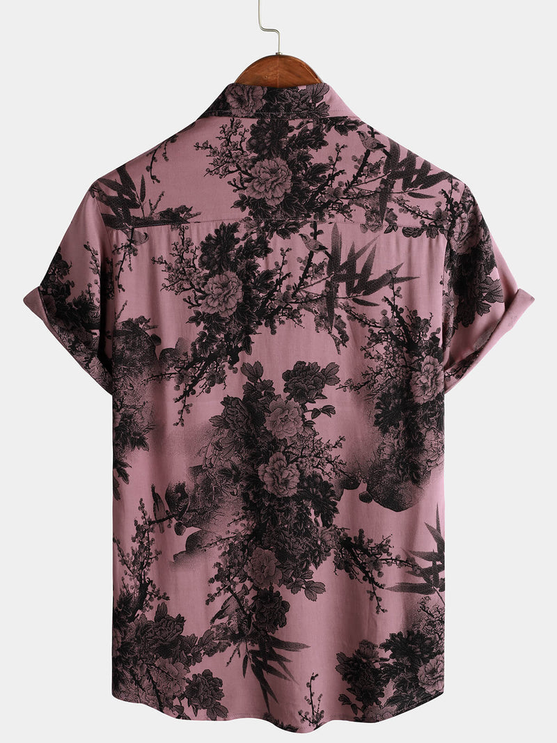 Men's Bamboo Floral Cool Summer Hawaiian Rayon Pink Button Up Short Sleeve Shirt