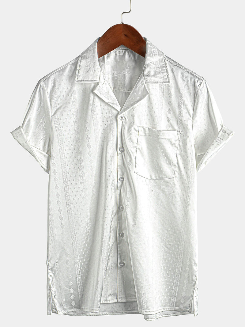 Men's Camp Hawaiian Beach Pocket Jacquard Button Up Short Sleeve Summer Cuban Collar Shirt