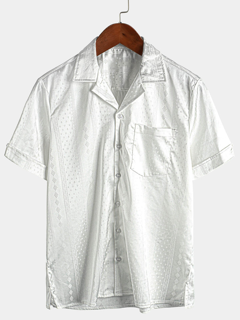 Men's Camp Hawaiian Beach Pocket Jacquard Button Up Short Sleeve Summer Cuban Collar Shirt