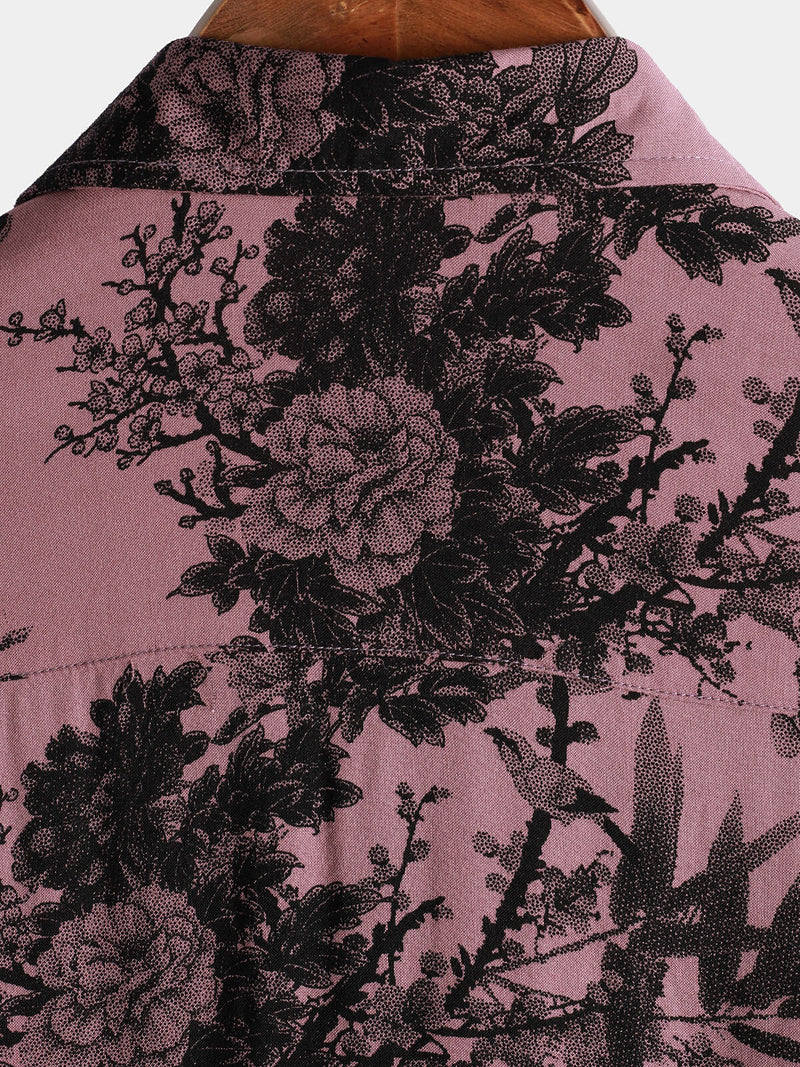 Men's Bamboo Floral Cool Summer Hawaiian Rayon Pink Button Up Short Sleeve Shirt