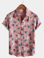 Men's Pink Floral Summer Beach Rayon Cool Button Up Short Sleeve Shirt