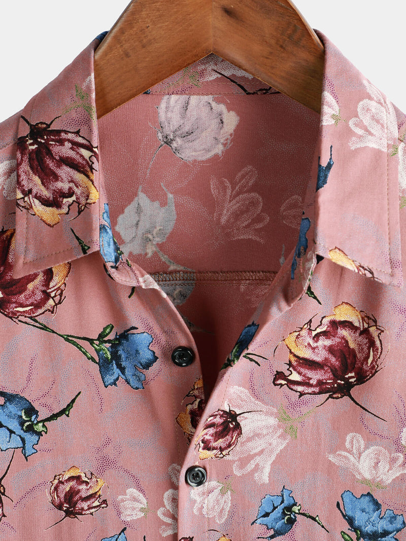 Men's Pink Floral Summer Beach Rayon Cool Button Up Short Sleeve Shirt