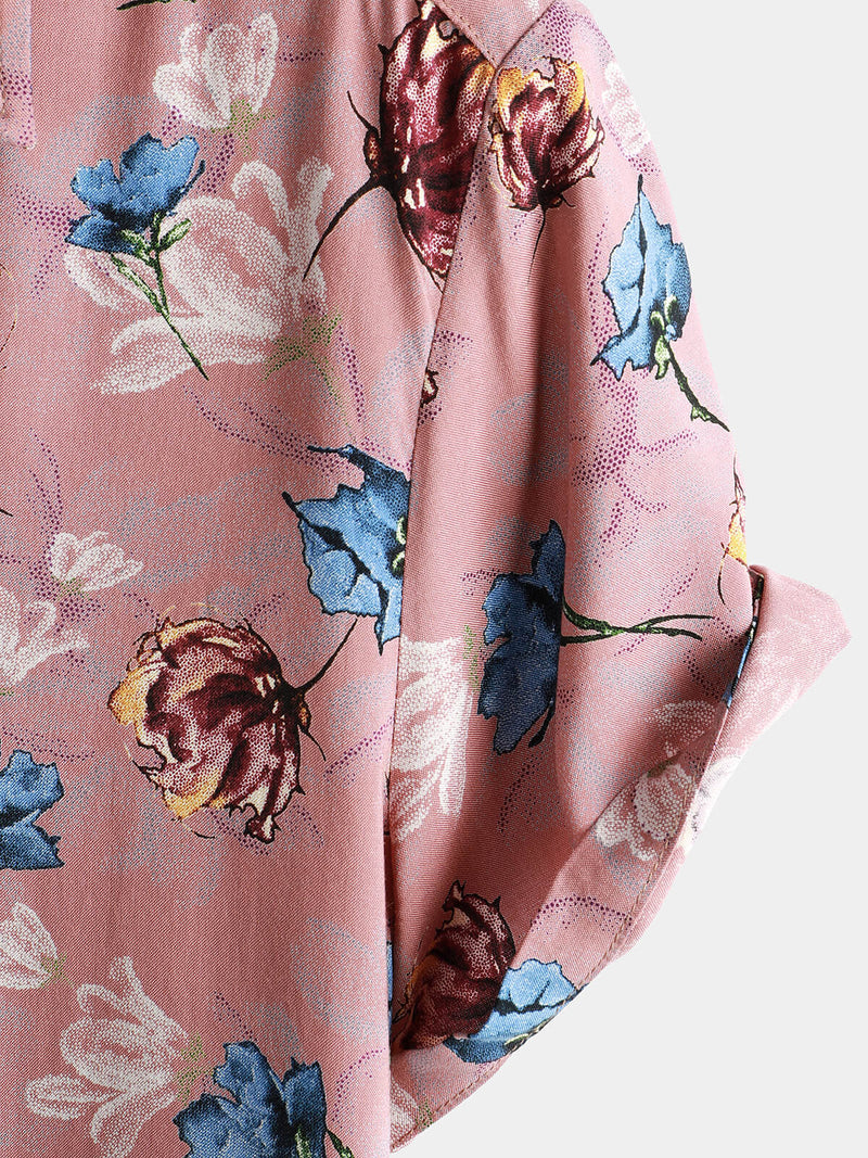 Men's Pink Floral Summer Beach Rayon Cool Button Up Short Sleeve Shirt