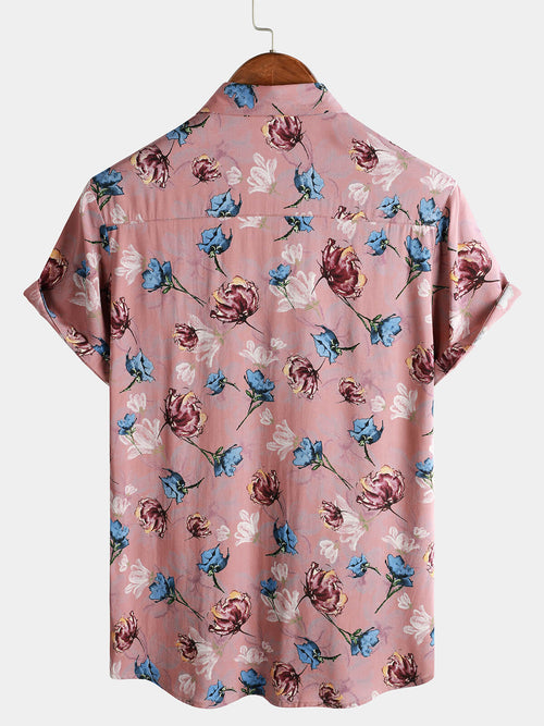 Men's Pink Floral Summer Beach Rayon Cool Button Up Short Sleeve Shirt