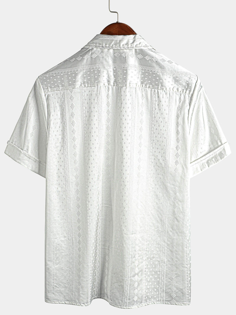 Men's Camp Hawaiian Beach Pocket Jacquard Button Up Short Sleeve Summer Cuban Collar Shirt