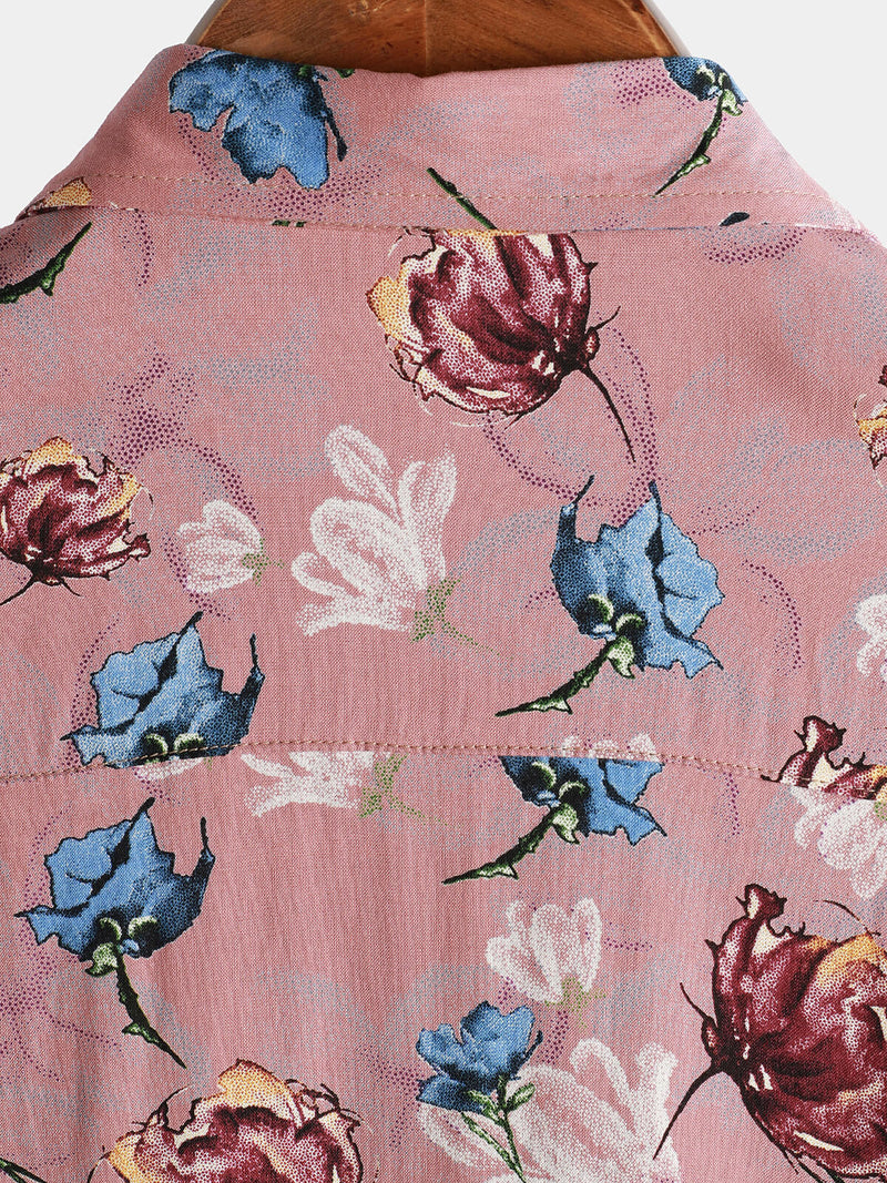 Men's Pink Floral Summer Beach Rayon Cool Button Up Short Sleeve Shirt