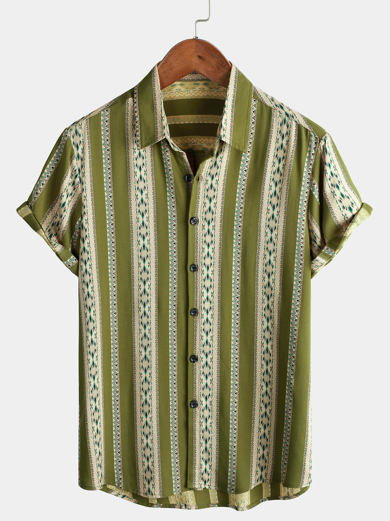 Men's Green Striped Vintage Short Sleeve 70s Aztec Print Western Button Retro Shirt