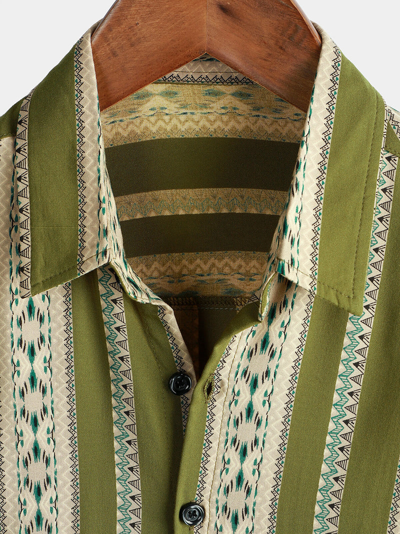 Men's Green Striped Vintage Short Sleeve 70s Aztec Print Western Button Retro Shirt