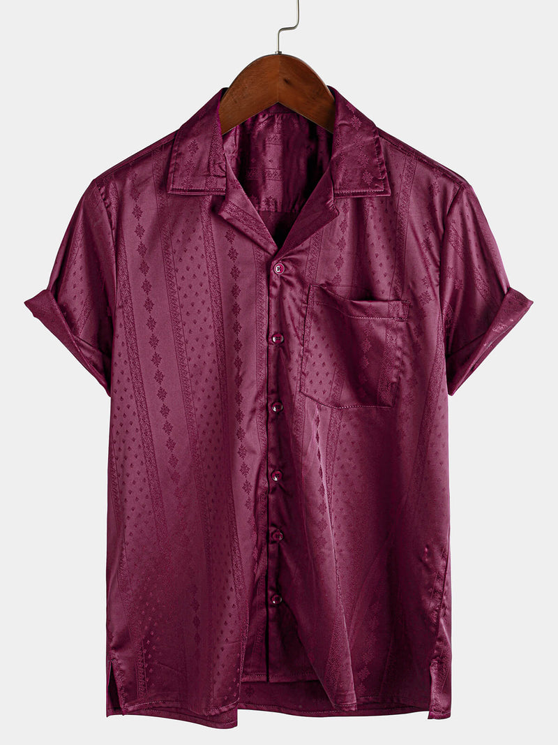 Men's Camp Hawaiian Beach Pocket Jacquard Button Up Short Sleeve Summer Cuban Collar Shirt