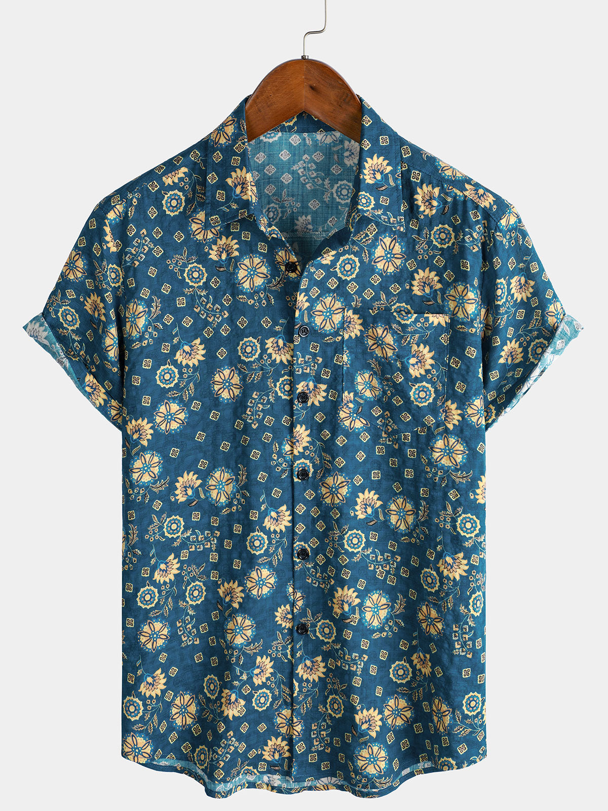 Men's Short Sleeve Retro Print Pocket Beach Shirt