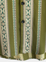 Men's Green Striped Vintage Short Sleeve 70s Aztec Print Western Button Retro Shirt