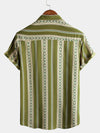 Men's Green Striped Vintage Short Sleeve 70s Aztec Print Western Button Retro Shirt