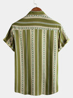 Men's Green Striped Vintage Short Sleeve 70s Aztec Print Western Button Retro Shirt