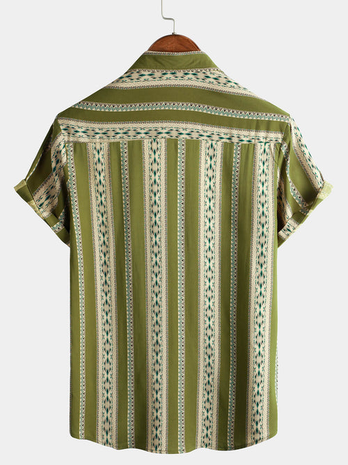 Men's Green Striped Vintage Short Sleeve 70s Aztec Print Western Button Retro Shirt