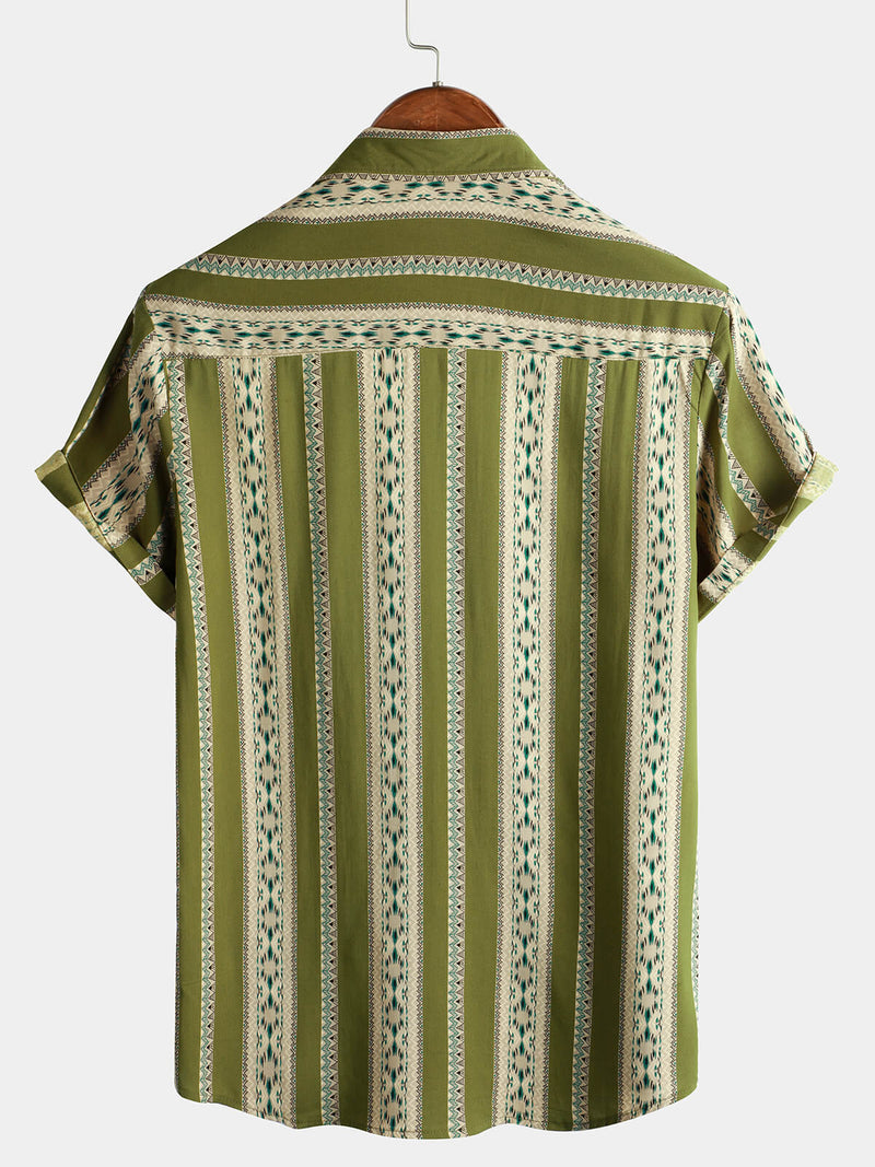 Men's Green Striped Vintage Short Sleeve 70s Aztec Print Western Button Retro Shirt