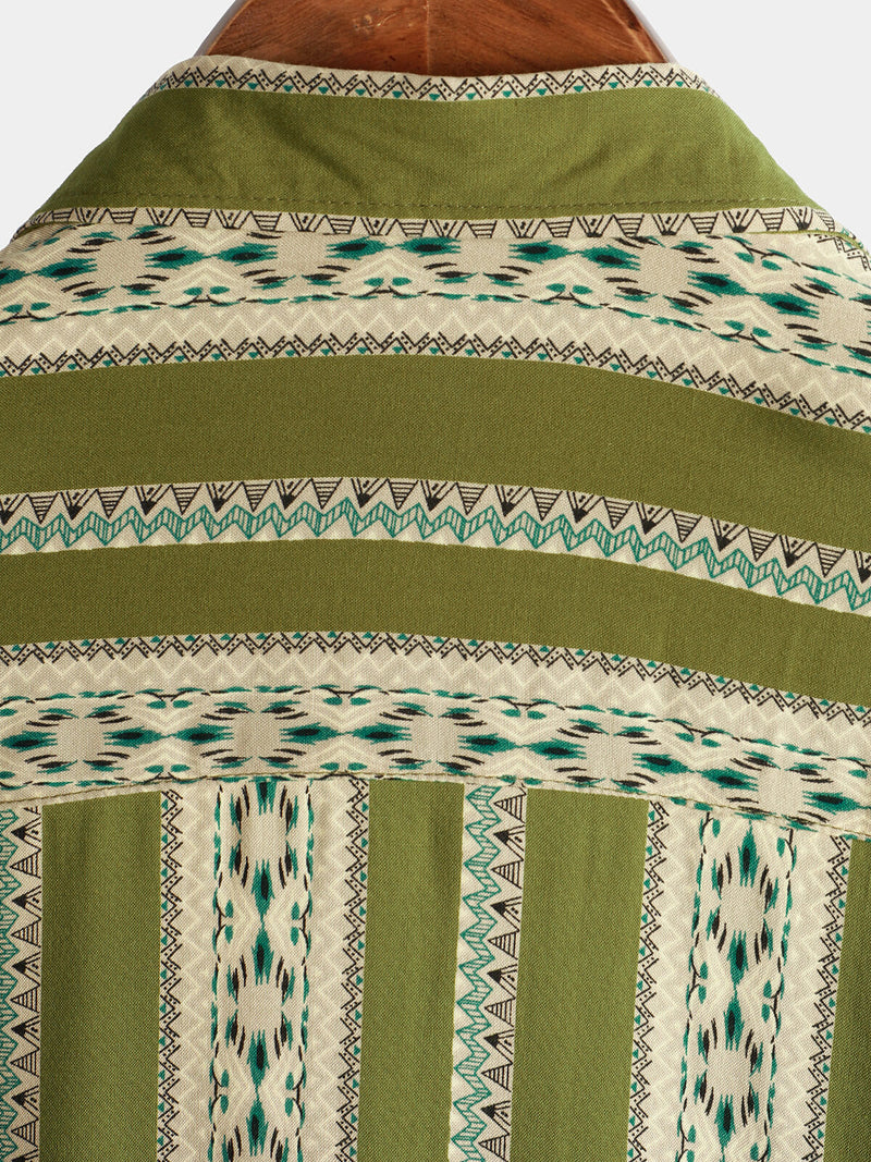 Men's Green Striped Vintage Short Sleeve 70s Aztec Print Western Button Retro Shirt