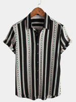 Men's Vintage Black Striped Short Sleeve 70s Aztec Print Western Button Up Shirt